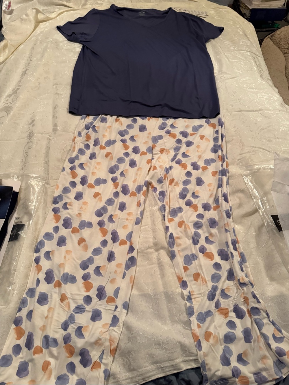 Lightweight White Wide-Leg Pants with Blue & Tan Dot Print Bamboo